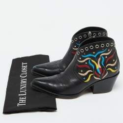 Dior Black Leather Embroidered Cowboy Ankle Length Boots Size 36.5