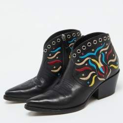 Dior Black Leather Embroidered Cowboy Ankle Length Boots Size 36.5