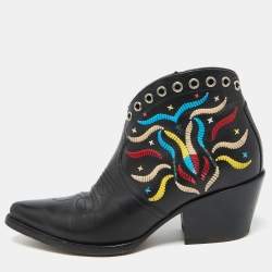 Dior Black Leather Embroidered Cowboy Ankle Length Boots Size 36.5