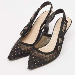 Pre Owned Dior Black Embellished Mesh J'adoir Slingback Pumps Size 38