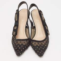 Pre Owned Dior Black Embellished Mesh J'adoir Slingback Pumps Size 38