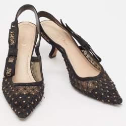 Pre Owned Dior Black Embellished Mesh J'adoir Slingback Pumps Size 38