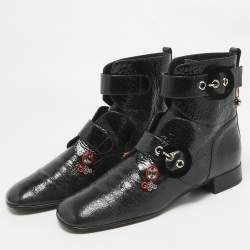 Dior Black Crack Leather Crystal Embellished Ankle Length Boots Size 40.5
