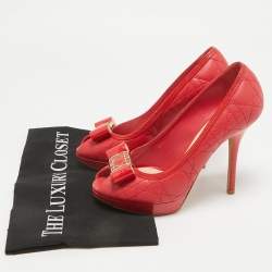 Dior Red Cannage Leather Bow Peep Toe Platform Pumps Size 37