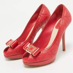 Dior Red Cannage Leather Bow Peep Toe Platform Pumps Size 37