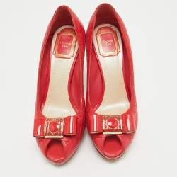 Dior Red Cannage Leather Bow Peep Toe Platform Pumps Size 37