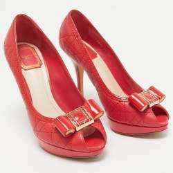 Dior Red Cannage Leather Bow Peep Toe Platform Pumps Size 37