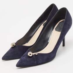 Dior Navy Blue Suede Logo Pointed Toe Pumps Size 38.5