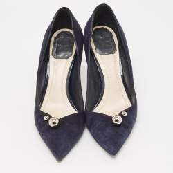 Dior Navy Blue Suede Logo Pointed Toe Pumps Size 38.5