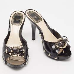 Dior Black Patent Leather Metal Twist Bow Open Toe Clogs Size 38.5