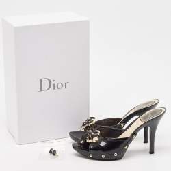 Dior Black Patent Leather Metal Twist Bow Open Toe Clogs Size 38.5