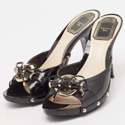 Dior Black Patent Leather Metal Twist Bow Open Toe Clogs Size 38.5