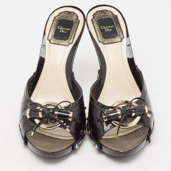 Dior Black Patent Leather Metal Twist Bow Open Toe Clogs Size 38.5