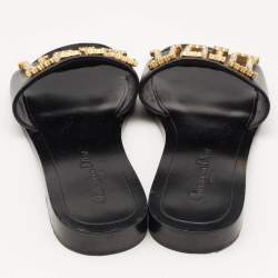 Dior Black Leather Crystal Embellished Diorevolution Flat Slides Size 38.5