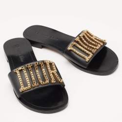 Dior Black Leather Crystal Embellished Diorevolution Flat Slides Size 38.5