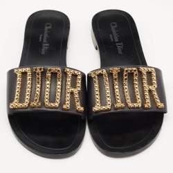 Dior Black Leather Crystal Embellished Diorevolution Flat Slides Size 38.5