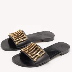 Dior Black Leather Crystal Embellished Diorevolution Flat Slides Size 38.5
