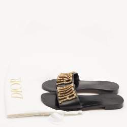Dior Black Leather Crystal Embellished Diorevolution Flat Slides Size 38.5