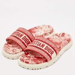 Dior Red/White Embroidered Canvas Dway Flat Slides Size 39.5