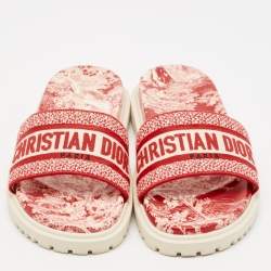 Dior Red/White Embroidered Canvas Dway Flat Slides Size 39.5