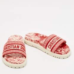 Dior Red/White Embroidered Canvas Dway Flat Slides Size 39.5
