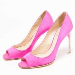 Dior Fuchsia Pink Canvas Flare Heel Peep Toe Pumps Size 37.5