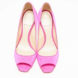 Dior Fuchsia Pink Canvas Flare Heel Peep Toe Pumps Size 37.5