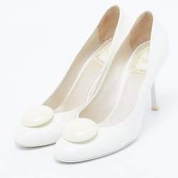 مملوكة مسبقًا حذاء كعب عالي ديور جلد أبيض منقوش مقدمة دائرية مقاس 38.5