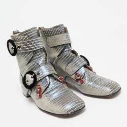 Dior Grey Lizard Embossed Leather Gatsby Jewel Combat Boots Size 36
