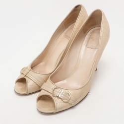 Dior Beige Cannage Leather Embellished Peep Toe Pumps Size 38.5