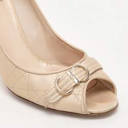 Dior Beige Cannage Leather Embellished Peep Toe Pumps Size 38.5