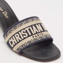 Dior Navy Blue Embroidered Canvas Dway Slide Sandals Size 36.5