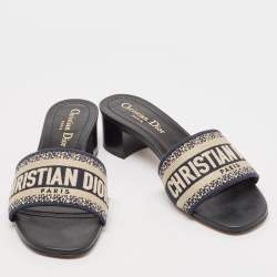 Dior Navy Blue Embroidered Canvas Dway Slide Sandals Size 36.5