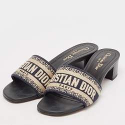 Dior Navy Blue Embroidered Canvas Dway Slide Sandals Size 36.5