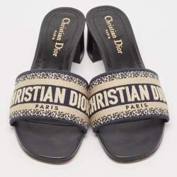 Dior Navy Blue Embroidered Canvas Dway Slide Sandals Size 36.5