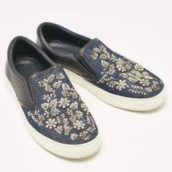 Dior Blue Denim and Leather Embellished Slip On Sneakers Size 39.5