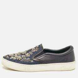 Dior Blue Denim and Leather Embellished Slip On Sneakers Size 39.5