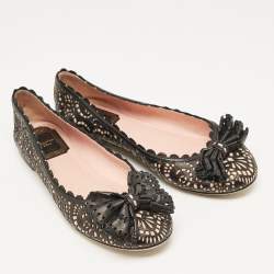 Dior Black/Pink Laser Cut Leather Bow Ballet Flats Size 36