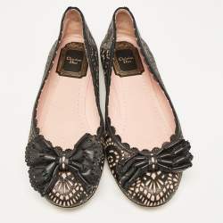 Dior Black/Pink Laser Cut Leather Bow Ballet Flats Size 36
