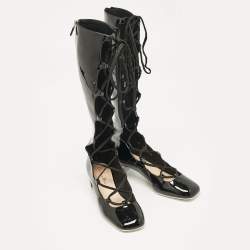 Pre Owned Dior Black Patent Leather Lace Up Knee Length Boots Size 37.5