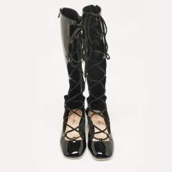 Pre Owned Dior Black Patent Leather Lace Up Knee Length Boots Size 37.5
