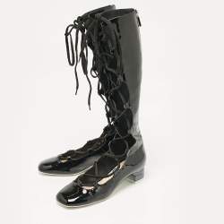 Pre Owned Dior Black Patent Leather Lace Up Knee Length Boots Size 37.5