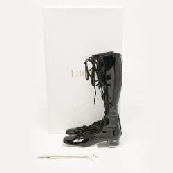 Pre Owned Dior Black Patent Leather Lace Up Knee Length Boots Size 37.5