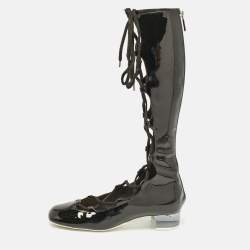 Pre Owned Dior Black Patent Leather Lace Up Knee Length Boots Size 37.5