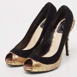 Dior Black/Gold Python Embossed Leather and Suede Peep Toe Pumps Size 37
