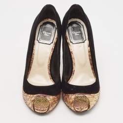 Dior Black/Gold Python Embossed Leather and Suede Peep Toe Pumps Size 37