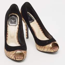 Dior Black/Gold Python Embossed Leather and Suede Peep Toe Pumps Size 37