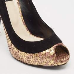 Dior Black/Gold Python Embossed Leather and Suede Peep Toe Pumps Size 37