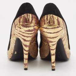 Dior Black/Gold Python Embossed Leather and Suede Peep Toe Pumps Size 37