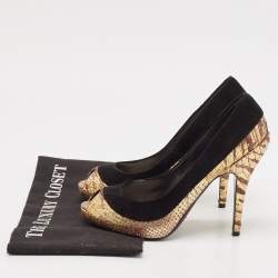 Dior Black/Gold Python Embossed Leather and Suede Peep Toe Pumps Size 37